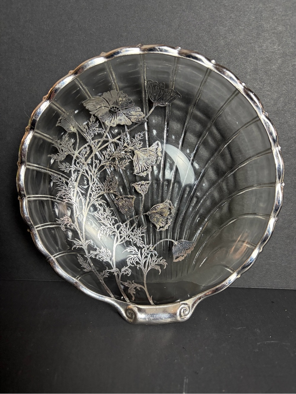 Vintage Silver City Flanders Candy Dish , Poppies with Sterling Overlay MCM